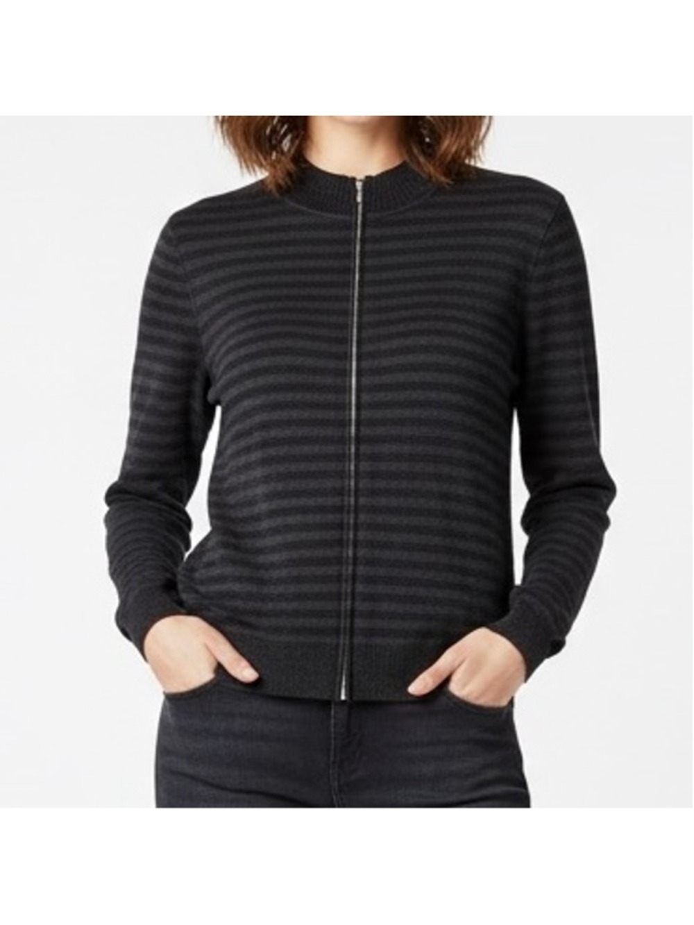 St. John Wool Blend Black Striped Contrast Full Zip Jacket Large Lightweight